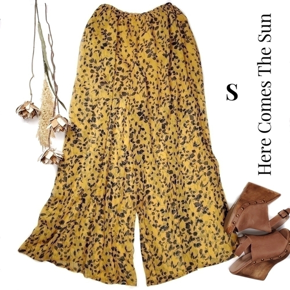 New Here Comes the Sun Boho Wide Leg Lined Pants Gold Navy Leaf Pattern … - Picture 1 of 14